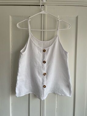 Double Gauze Breezy White Button-Front Cotton Cami Tank Top Large Coastal Beach